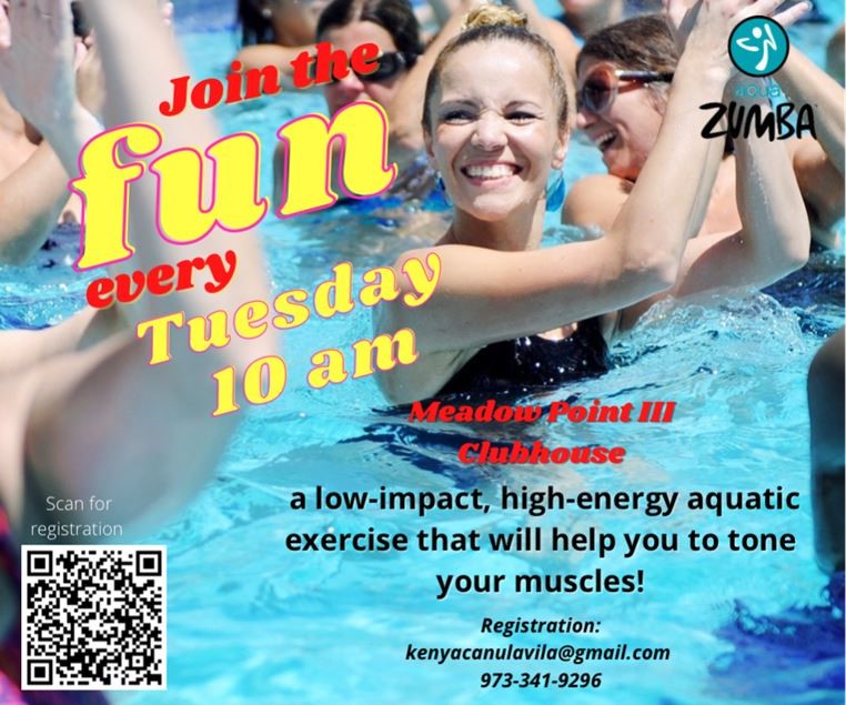 Join the fun every Tuesday 10 am a low-impact, high-energy aquatic exercise that will help you to tone your muscles! Registration: kenyacanulavila@gmail.com 973-341-9296